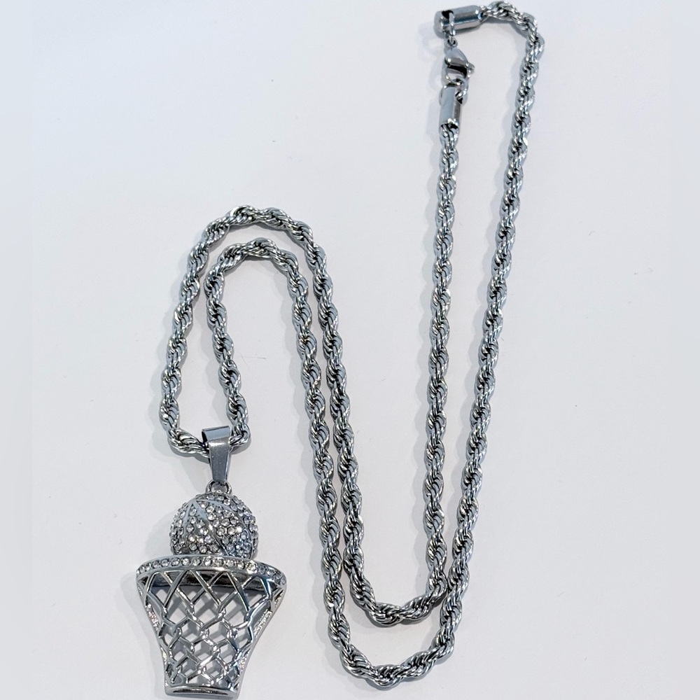 Steeltime SWISH Silver-Tone Basketball Pendant Necklace - Picture 2 of 5
